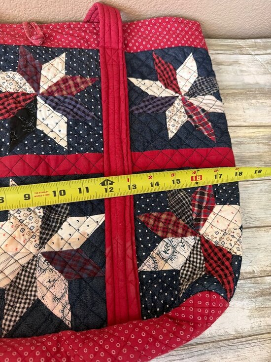 J Peterman Cotton Quilted Patchwork Tote Bag Americana Pinwheel Red Blue Vintage - Picture 12 of 15